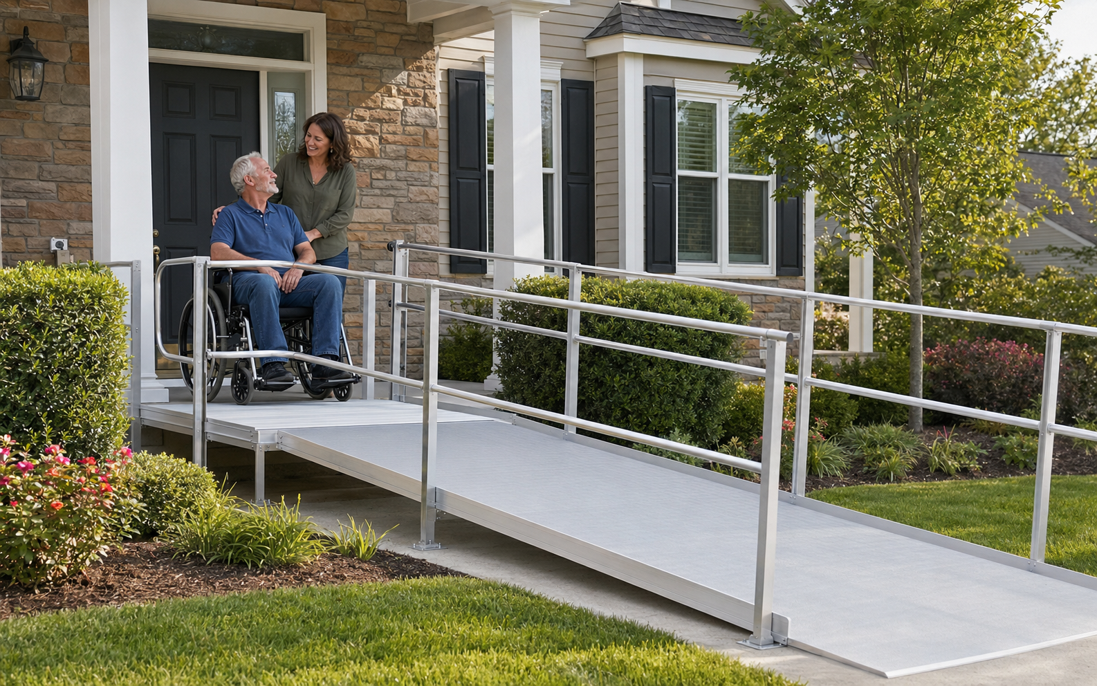 Professionally installed modular wheelchair ramp at a residential home