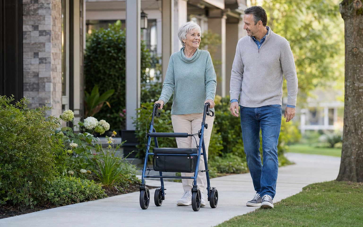 Older adult safely using a rollator outdoors with family support